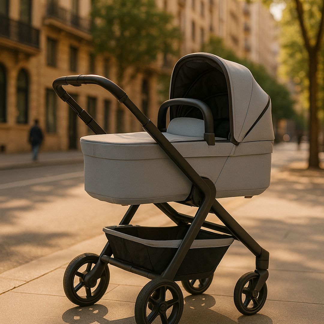 Modelo Hub2 Lunar Grey, de la firma Joolz. Fondo urbano generado con IA