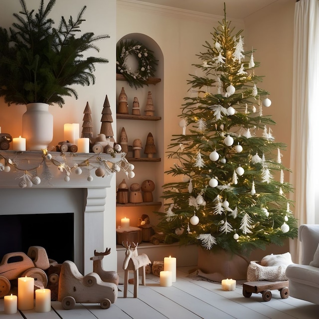 Salón con chimenea y árbol de Navidad