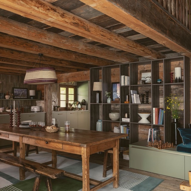Interior de una cabaña de madera