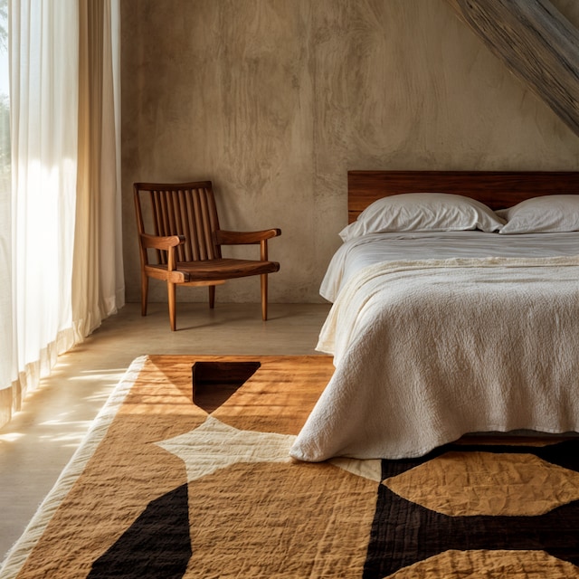 Dormitorio con alfombra en tonos marrones y negro