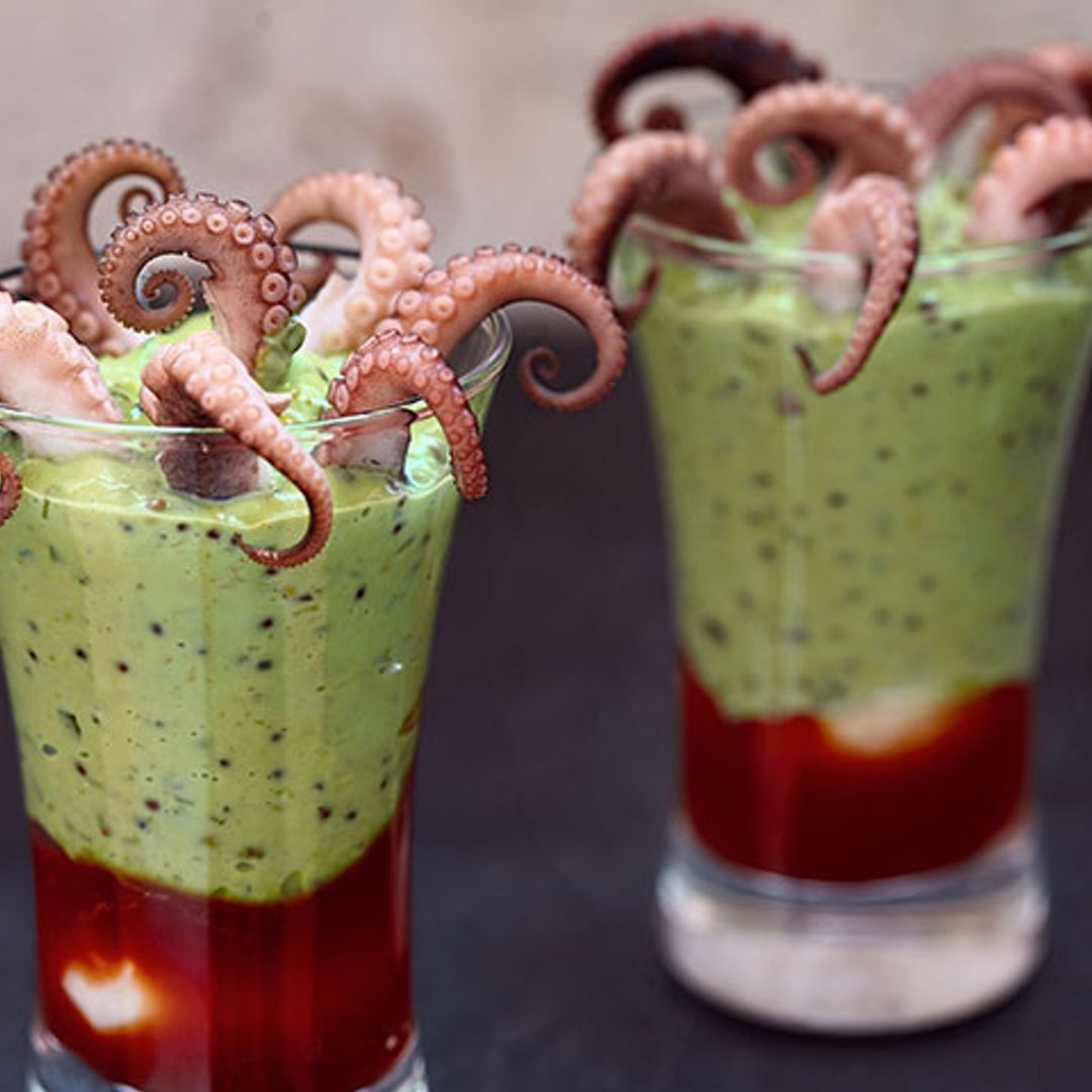 Aperitivo de pulpo, guacamole de kiwi y 'bloody mery'