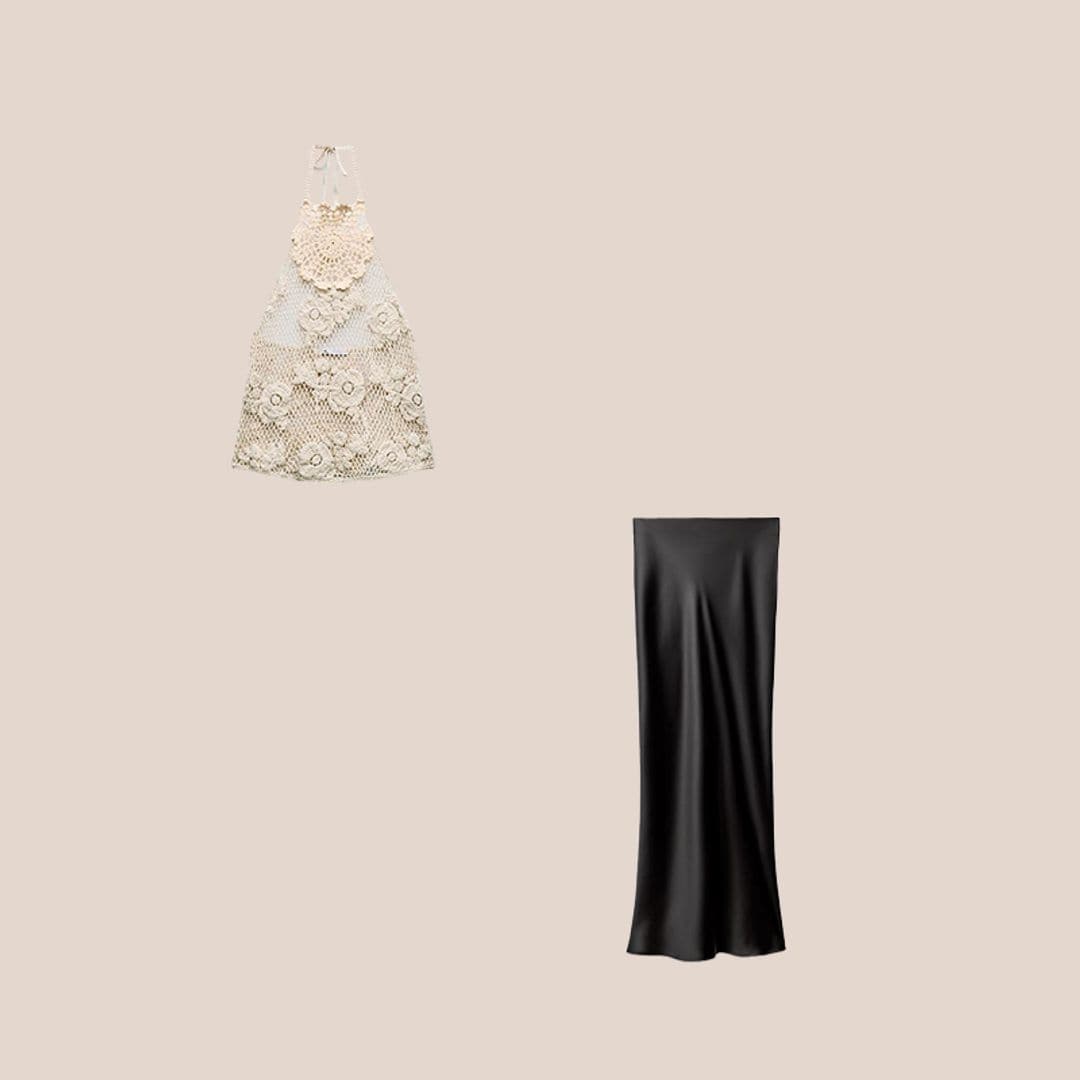 Top halter crochet y falda midi negra satinada