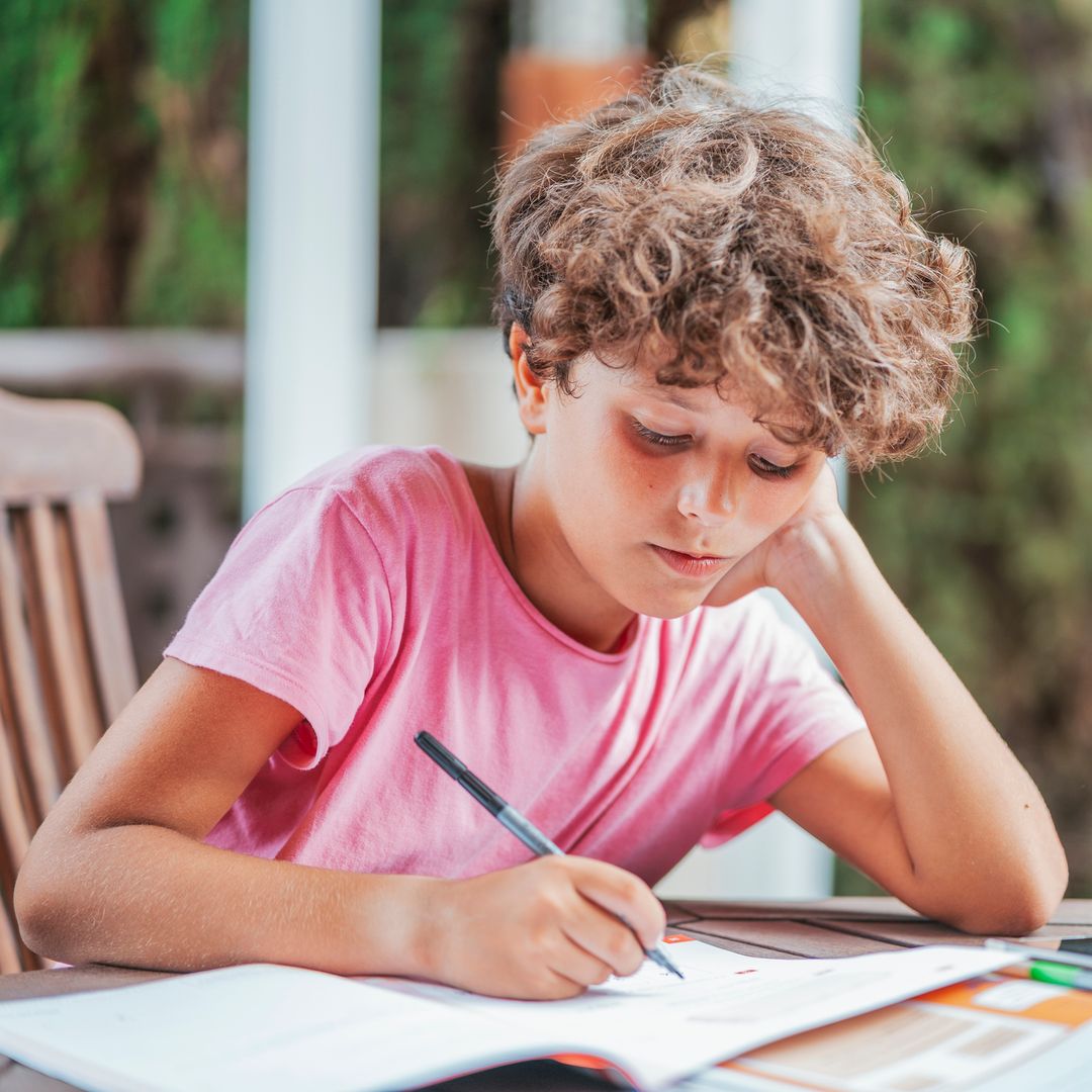 Niño haciendo un cuaderno en vacaciones al aire libre
