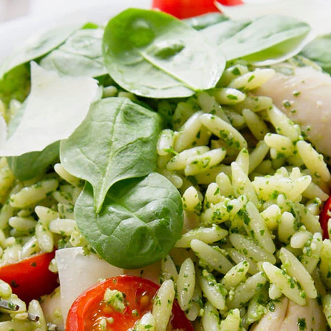 Ensalada de orzo y pollo con salsa pesto