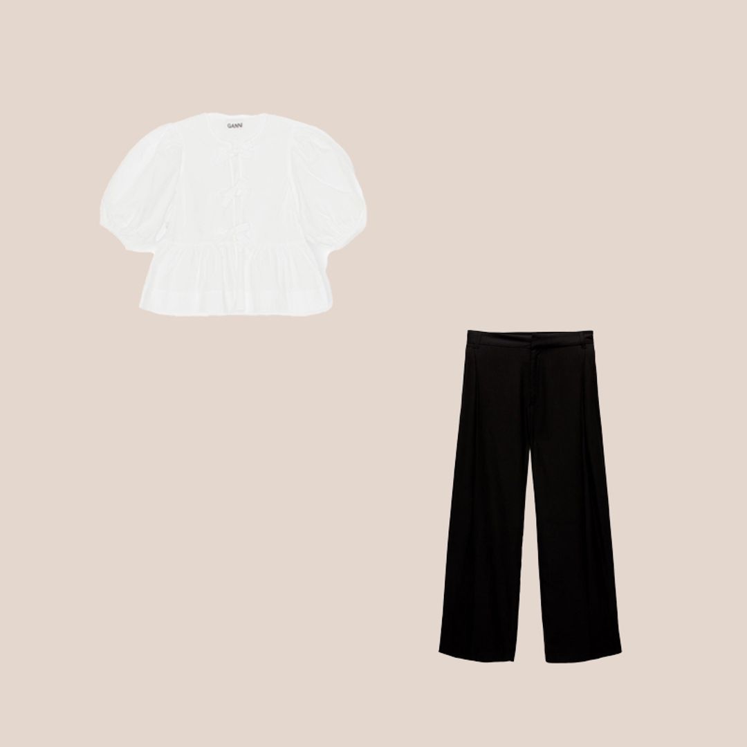 pantalones negros de pinzas y blusa Ganni blanca