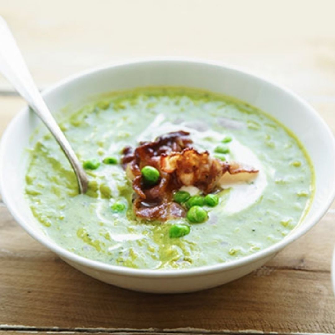 Crema de guisantes y beicon crujiente
