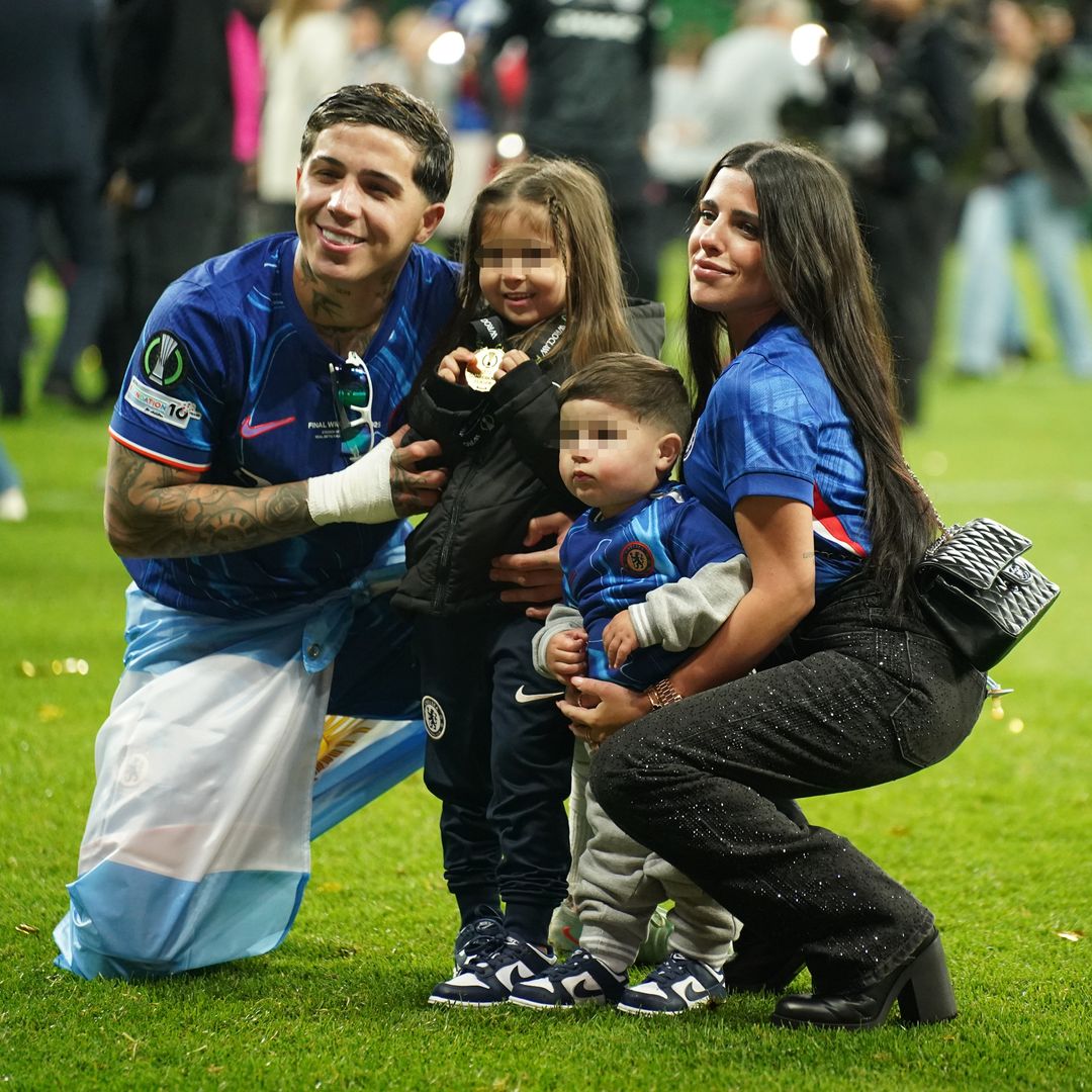 WROCLAW, POLAND - MAY 28: Enzo Fernandez of Chelsea F.C. celebrates with his family after winning the UEFA Conference League final match between Real Betis Balompie and Chelsea F.C. at Tarczynski Arena Wroclaw on May 28, 2025 in Wroclaw, Poland. (Photo by Alexandra Fechete/MB Media/Getty Images)