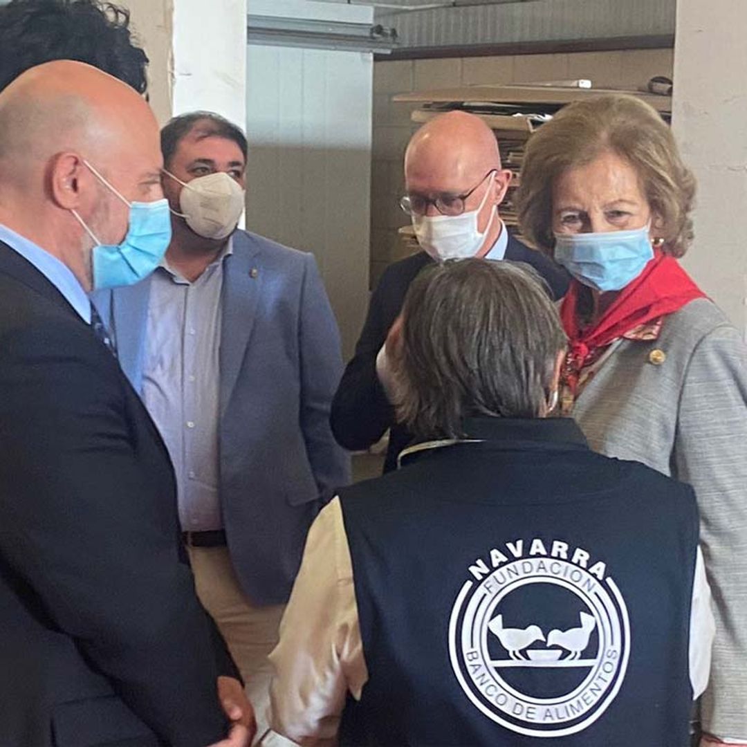 Doña Sofía, con pañuelo pamplonica en su visita al Banco de Alimentos de Navarra