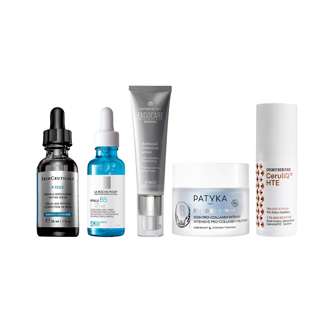 1. Con péptidos y niacinamida: Sérum P-Tiox (156 €), de SkinCeuticals. 2. Sérum hidratante: Hyalu B5 (41,95 €), de La Roche-Posay. 3. Con retinol: Endocare Retinoid Intensive Serum (58,75 €), de Cantabria Labs. 4. Tratamiento de noche: Pro-Colágeno Intensivo (72,90 €), de Patyka. 5. Sérum de vitamina C: CeruliQ HTE (52,90 €), de Cosmetocrítico
