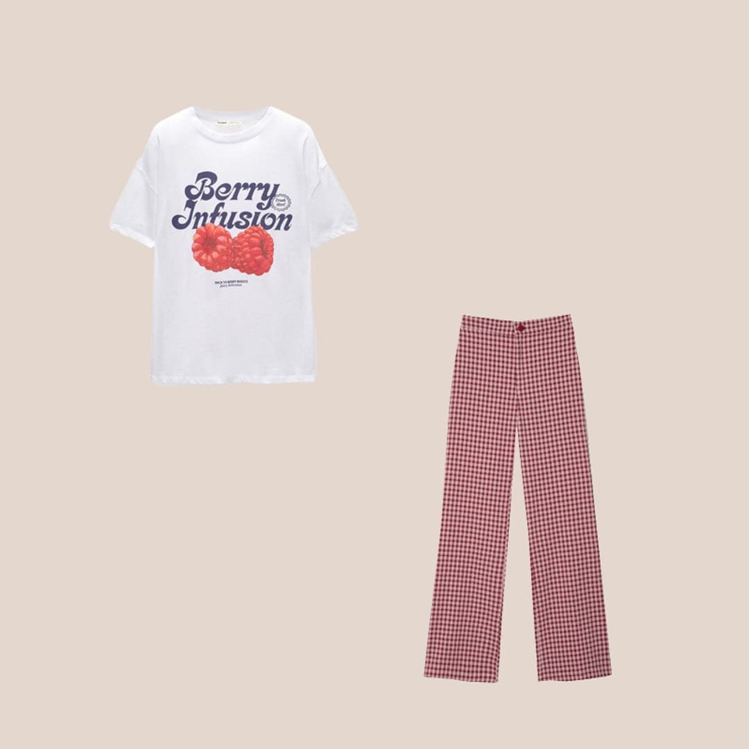 camiseta con frambuesas y pantalones de vichy burdeos