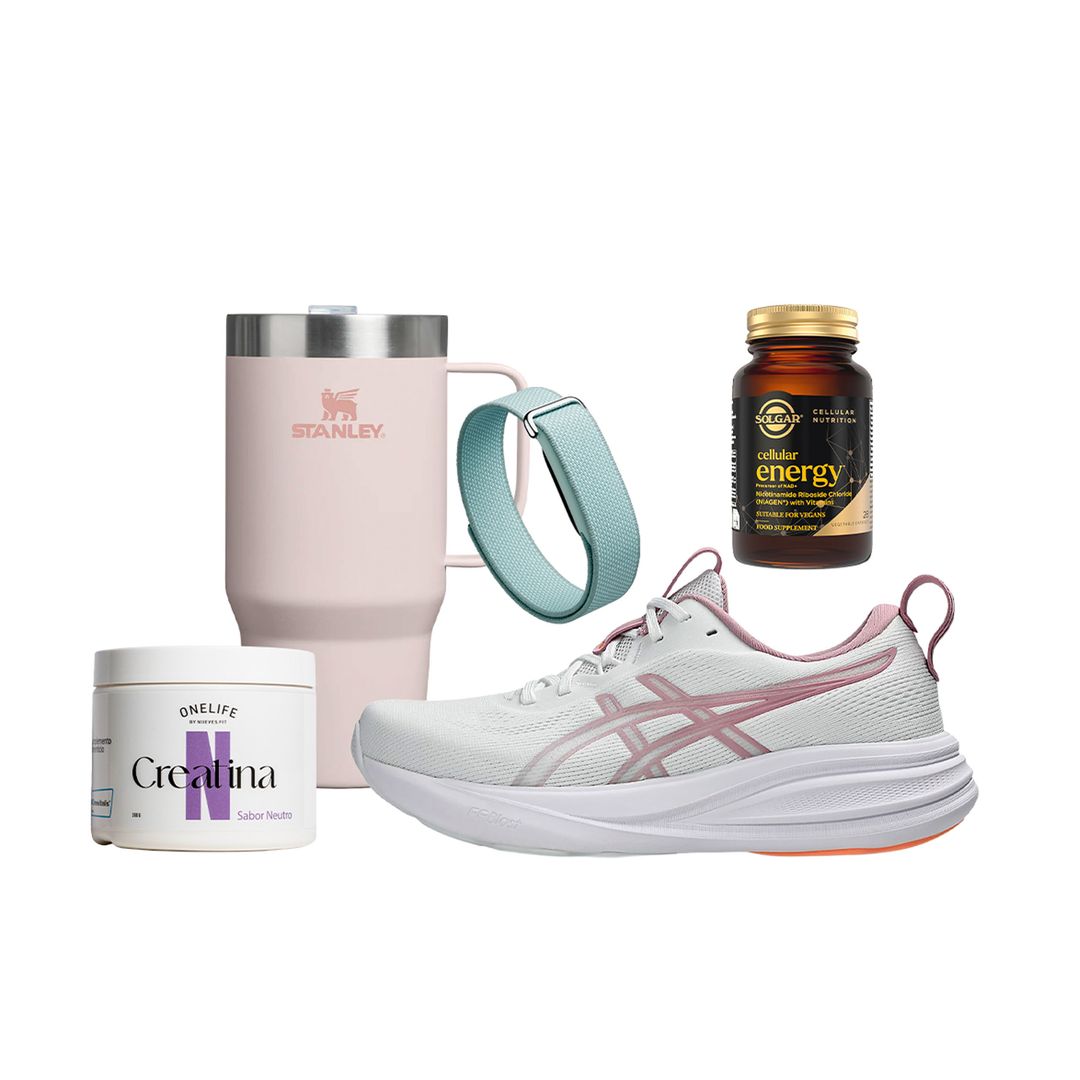 Taza para bebidas frías y calientes (40 €), de Stanley. Pulsera inteligente Google Fitbit Air (99,99 €). suplemento Cellular Energy (65,90 €), de Solgar. Creatina Creavitalis (34,90 €), de Onelife. Zapatillas de running Gel-Pulse 17 (110 €), de Asics