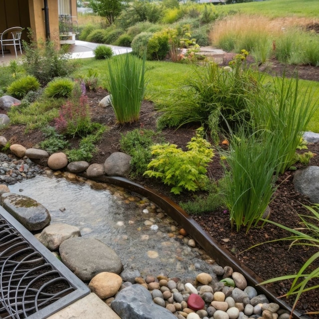 Un jardín de lluvia diseñado para absorber y filtrar el agua recolectada.