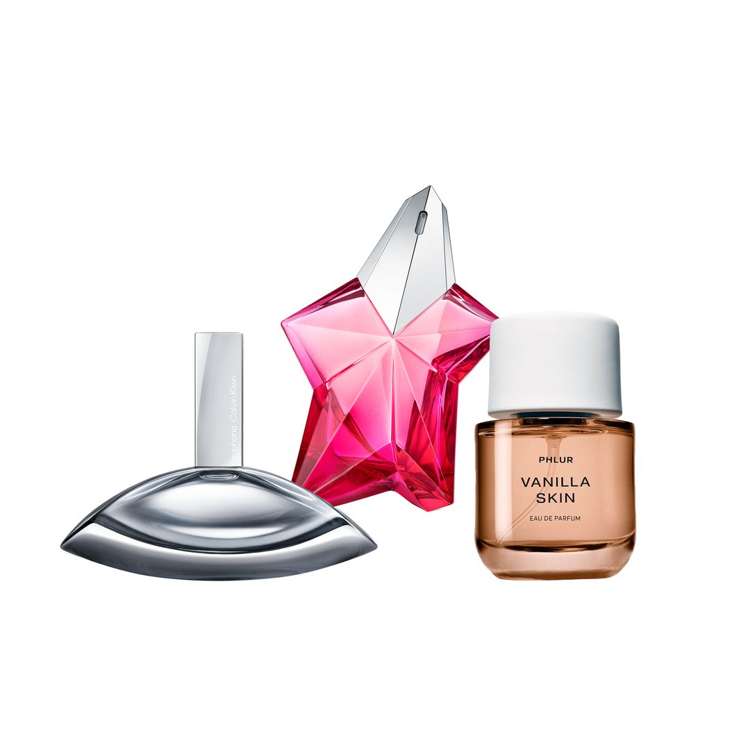 'Euphoria Signature Elixir' (130 €, 100 ml), de Calvin Klein. 'Angel Nova' (124 €, 50 ml), de Mugler. 'Vanilla Skin' (95 €, 50 ml), de Phlur, en Sephora.