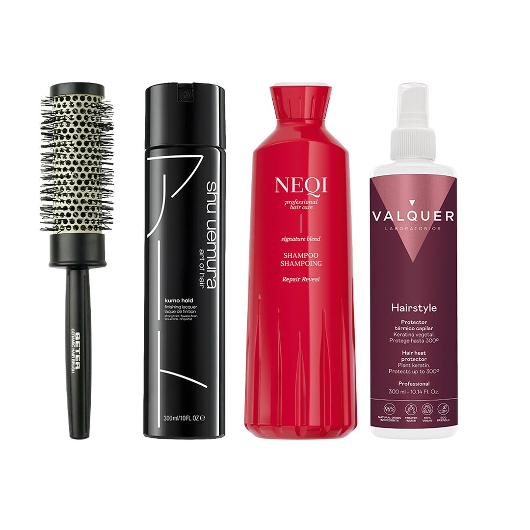 De izqda. a dcha. Cepillo de cerámica: para secar y moldear con resultado profesional (9,20 €), de Beter / Champú reparador: Repair Reveal (9,95 €), de Neqi / Fijación flexible: laca Kumo Hold (38 €), de Shu Uemura / Protector térmico: con queratina (9,50 €), de Valquer