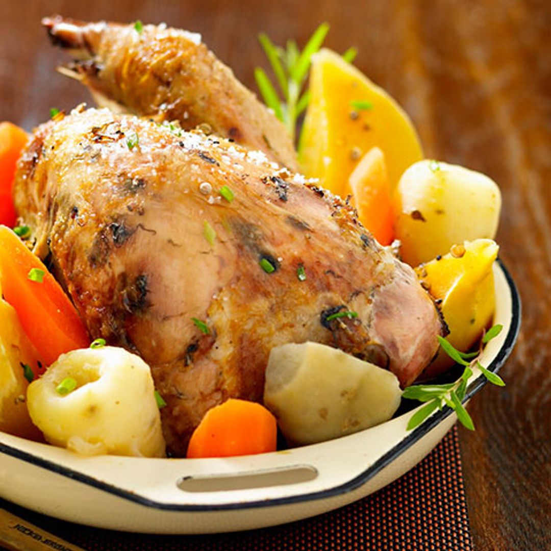 Faisán asado con sidra y verduras