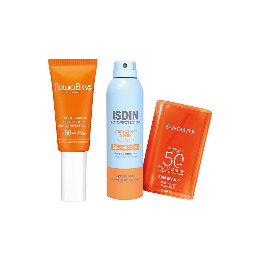 1. Tacto seco: C+C Vitamin Summer Lotion (63 €), de Natura Bissé. 2. En espray: Transparent wet skin (28,45 €), de Isdin. 
3. En stick: Sun beauty (29 €), de Lancaster.