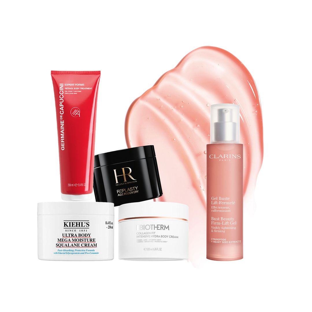 1. Con retinol: Perfect Forms Retinol Body Treatment (60,80 €), de Germaine de Capuccini. 2. Superhidratante: Ultra Body Mega Moisture Squalane Cream (49 €), de Kiehl’s. 3. Renovadora: Replasty Age Recovery (300 €), de Helena Rubinstein.  4. Reafirmante: Collagen Fit Intensive Hydra Body Cream (46 €), de Biotherm. 5. Para el busto: Gel Buste Lift-Fermeté 
(71 €), de Clarins