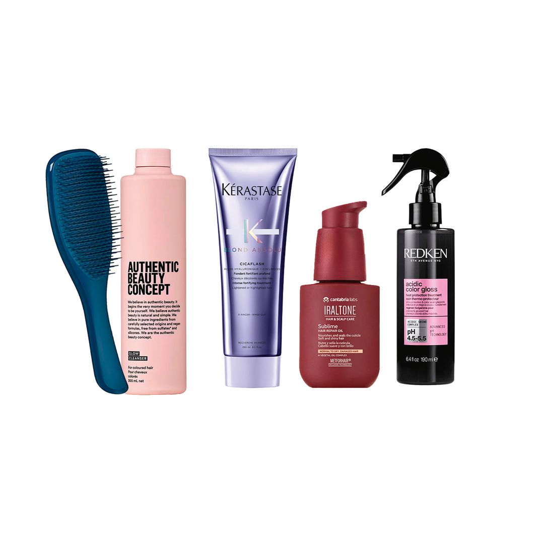 NUESTROS FAVORITOS
1. Cepillo antienredos: Ultimate Detangler (19 €), de Tangle Teezer.
2. Para pelo coloreado: Champú Glow Cleanser (32 €), de Authentic Beauty Concept. 3. Acondicionador para rubias: Blond Absolu Cicaflash (45,20 €), de Kérastase.  
4. Hidratación y brillo: Iraltone Sublime  Hair Oil (27,90 €), de Cantabria Labs. 5. Sin aclarado: Tratamiento Acidic Color Gloss (23,37 €), de Redken