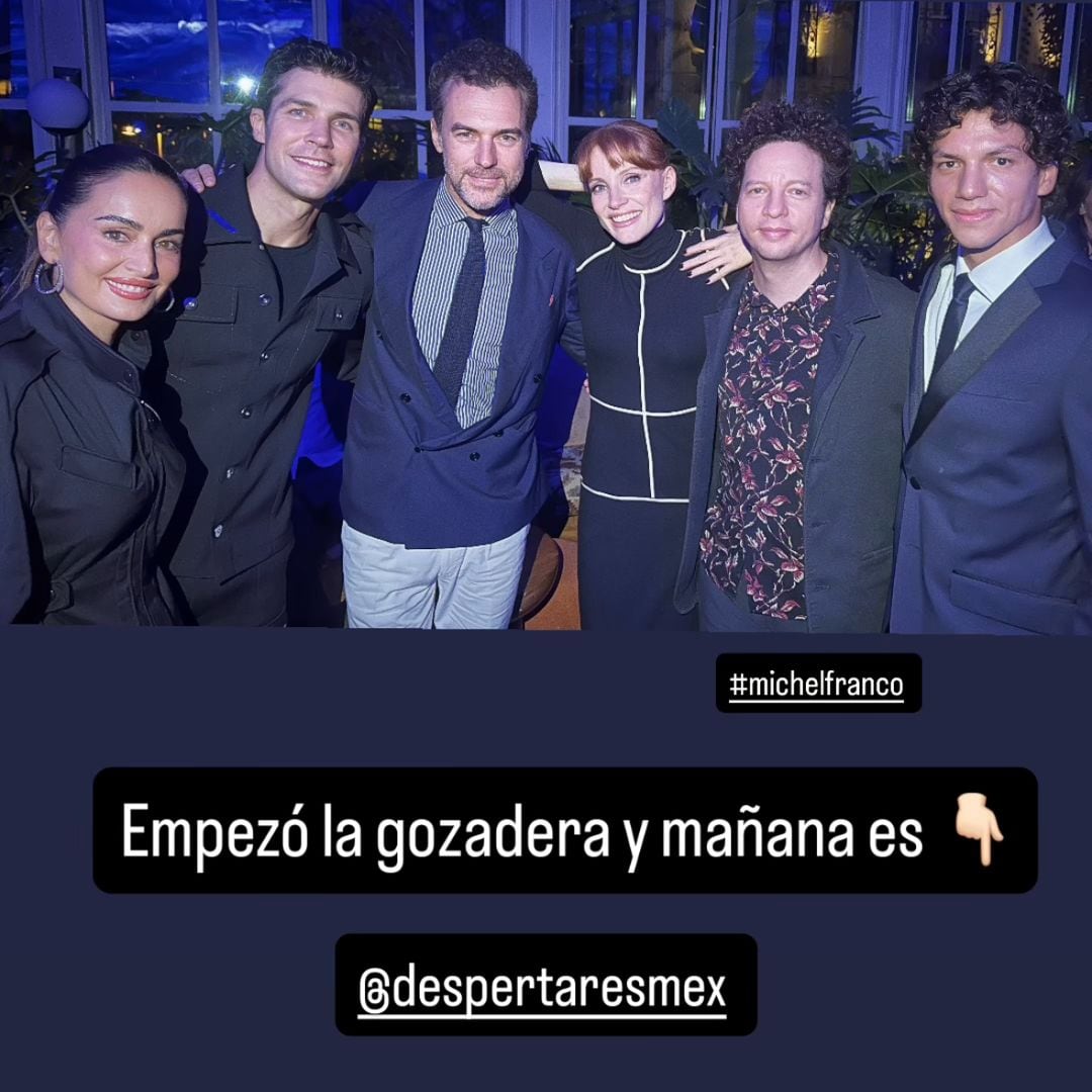 Ana de la Reguera con Robert Bolle, Rupert Friend, Jessica Chastain, Michel Franco e Issac Hernández en la fiesta del Opening Night de 'Despertares'.