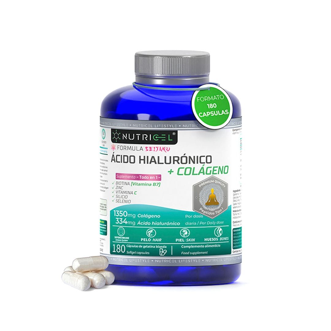 Cápsulas de Colágeno + Ácido Hialurónico, de Nutrigel (18,90 euros), que combina colágeno hidrolizado, ácido hialurónico y bambú en cada cápsula para mejorar la elasticidad, hidratación y regeneración celular desde dentro. 
