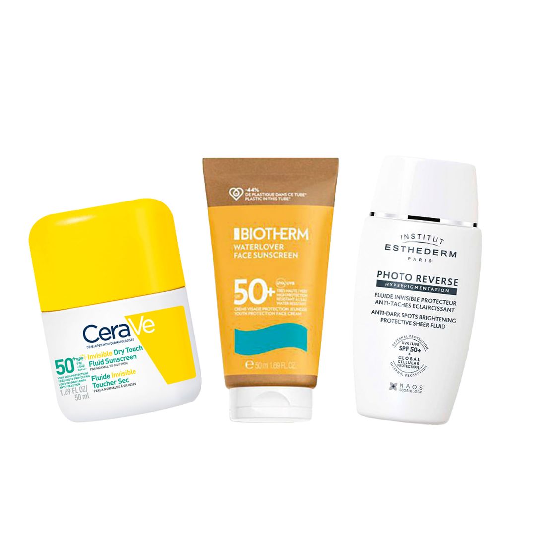 1. Piel grasa: Invisible Dry Touch (15 €), de Cerave. 
2. Resistente al agua: Waterlover (14,94 €), 
de Biotherm. 
3. Manchas: Photo Reverse (44,15 €), 
de Esthederm