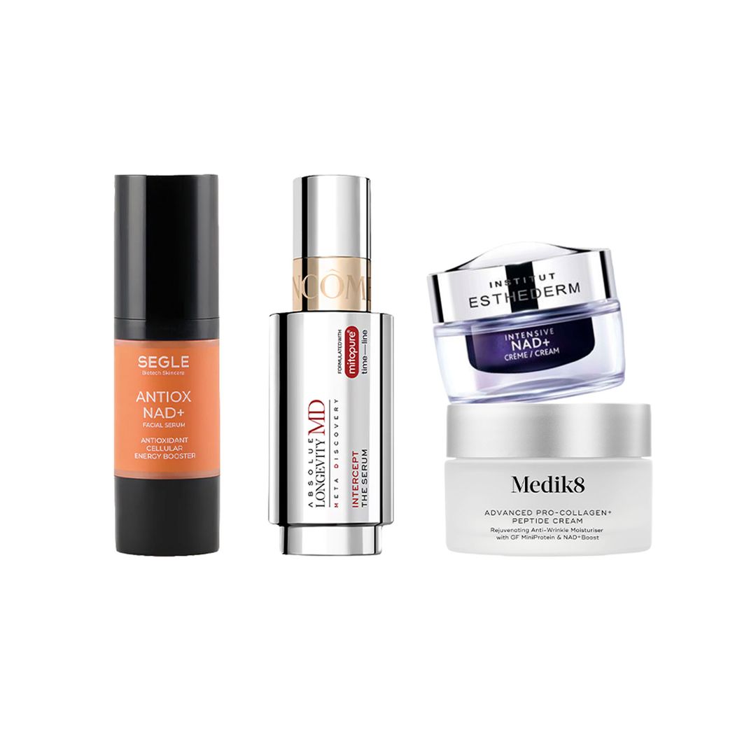 1. Con 9 antioxidantes: Antiox Nad+ Facial Serum (64,90 €), de Segle. 2. Prolongevidad: Absolue Longevity MD Intercept The Serum
(195 €), de Lancôme. 3. Iluminadora: Intensive NAD+ Crème (64 €), de Institut Esthederm. 4. Aumenta el colágeno: Advanced Pro-Collagen+ Peptide Cream (95 €), de Medik8