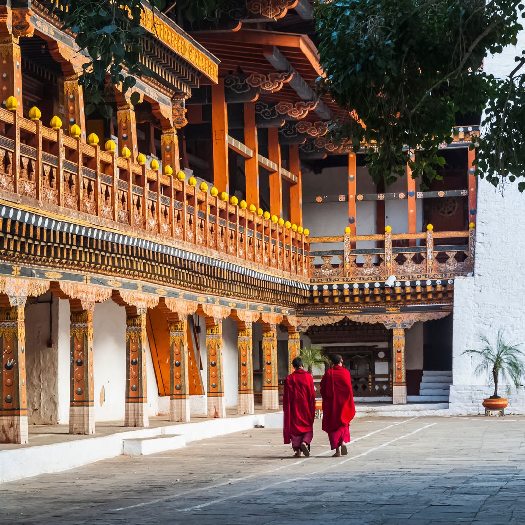 Monjes en el Punakha Dzong, Punakha, Bután