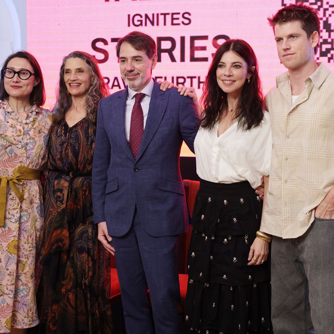 De izquierda a derecha, Teresa Martín, Ángela Molina, Maribel Verdú y Miguel Bernardeau posan durante una rueda de prensa para promocionar la muestra de cine español en la Residencia del Embajador, el 27 de mayo de 2026 en Ciudad de México (México)