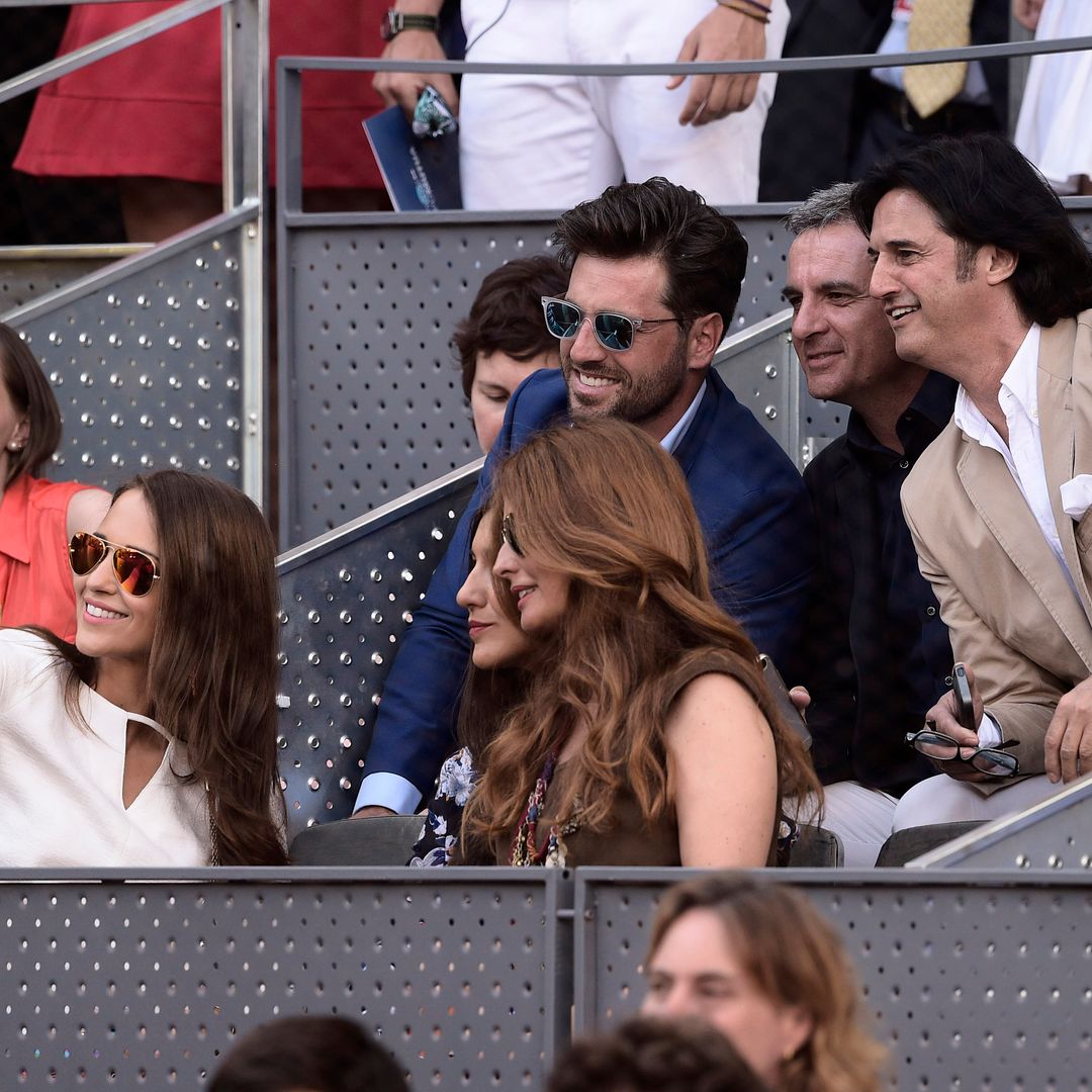 Paula Echevarría y David Bustamante con Javier Castillo "Poty" en la final del Mutua Madrid Open de tenis. 2015