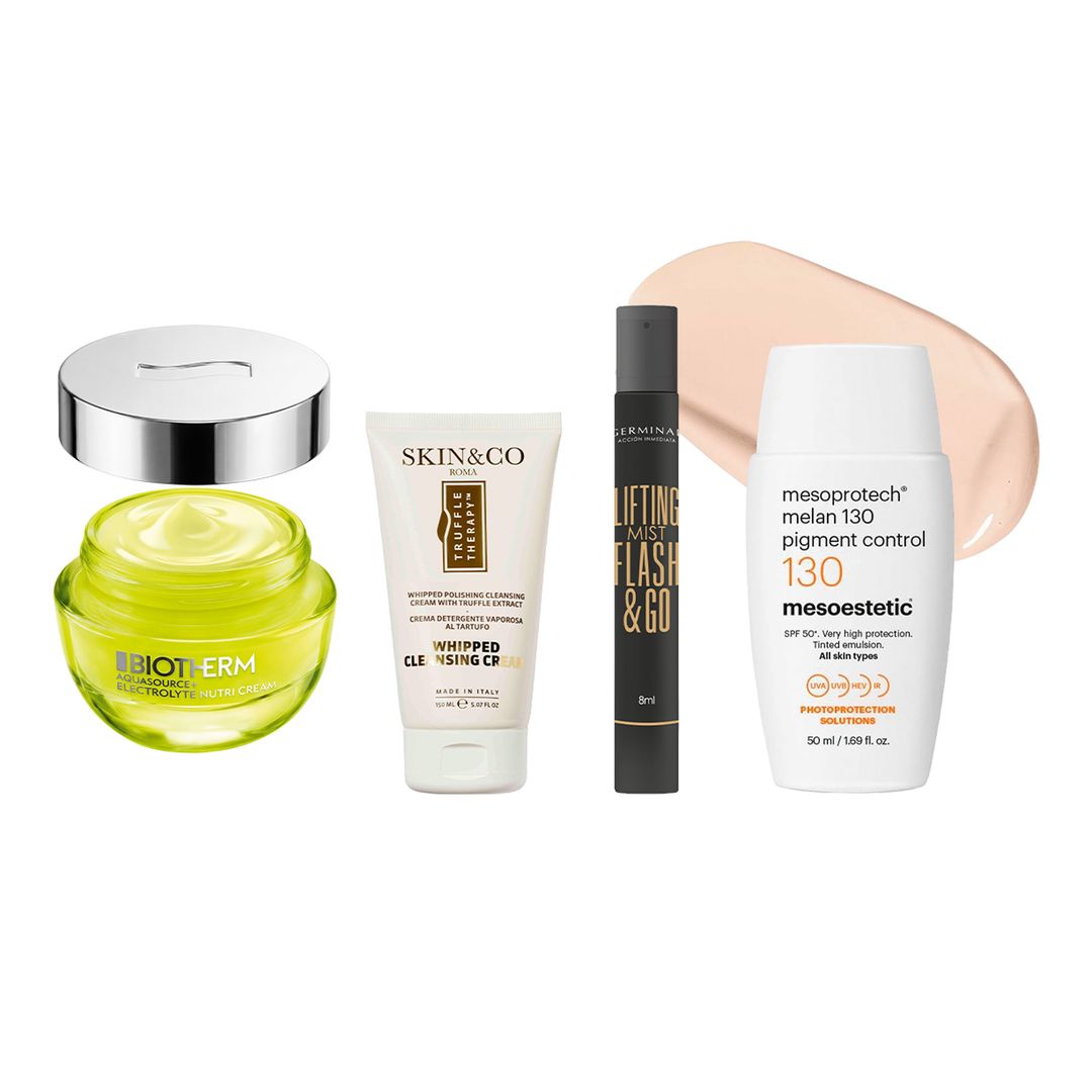 1. Hidratante: Electrolyte Nutri Cream (55 €), de Biotherm. 2. Limpiadora: Whipped Cleansing Cream (22 €), de Skin & Co. 3. Bruma: Lifting Mist Flash & Go (15,50 €), de Germinal. 4. Fotoprotector con color: Mesoprotech Melan 130 pigment control (42,80 €), de Mesoestetic