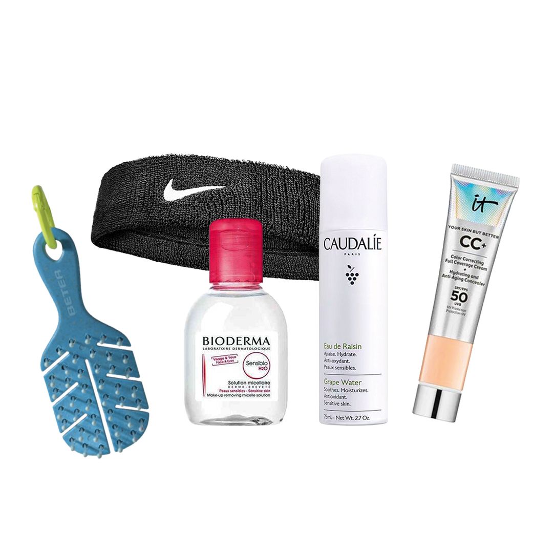 1. Cepillo mini: Genius Tribe (3,70 €), de Beter. 2. Cinta de pelo: Swoosh Classic Sponge (10 €), de Nike. 3. Agua micelar: Sensibio H20 (4,50 €), de Bioderma. 4. Agua de uva: Vinoclean (8,90 €), de Caudalie. 5. CC cream: Your Skin But Better (26 €), de It Cosmetics