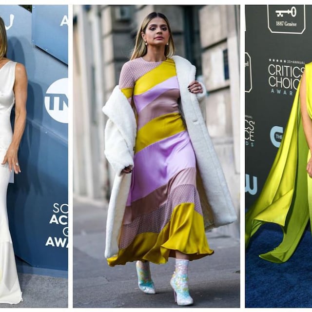 collage de jennifer aniston trendsetter y kristen bell con vestidos de sat n