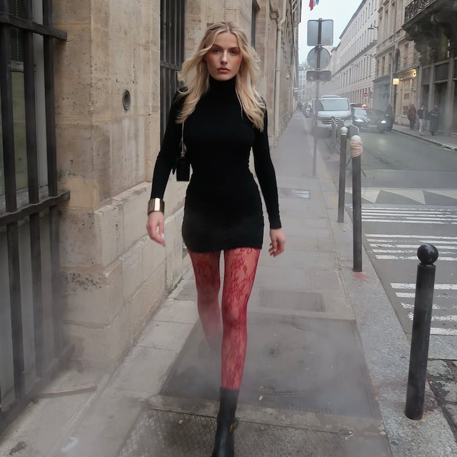 Look de Violette Windal con medias de rejilla rojas