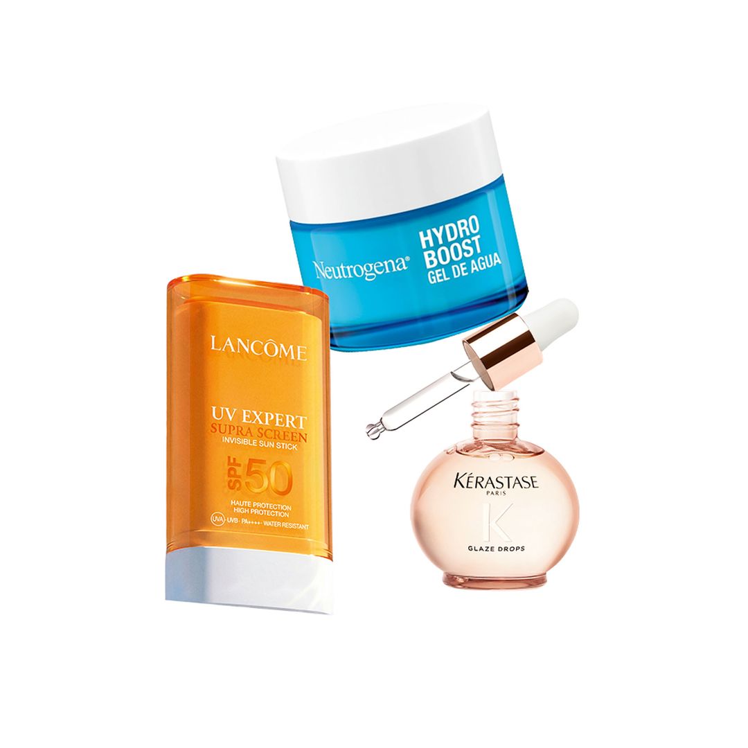 STICK SOLAR UV Expert SPF 50 (35 €), de Lancôme. HIDRATANTE Gel de agua Hydro Boost (22,50 €), de Neutrogena. ANTIFRIZZ Aceite capilar Glaze Drops (45 €), de Kérastase