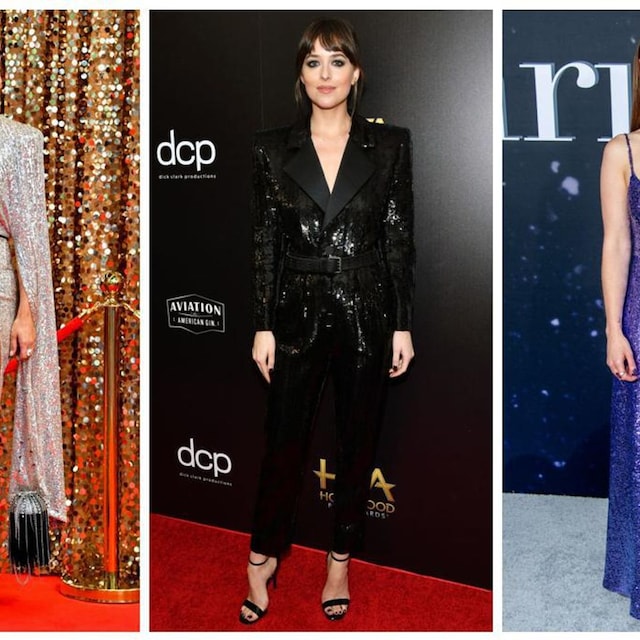 collage celebridades con vestidos y trajes brillantes