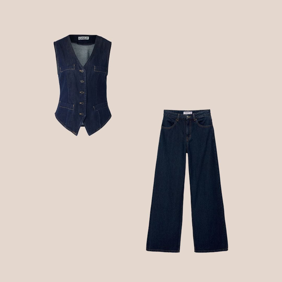 total look denim oscuro de chaleco ajustado y pantalones