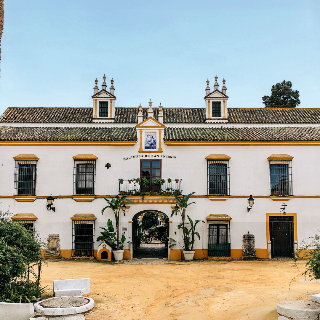 La fachada principal, típica del siglo XIX con azulejo plano policromado añil de San Antonio, hecho por encargo por un pintor ceramista de Triana.