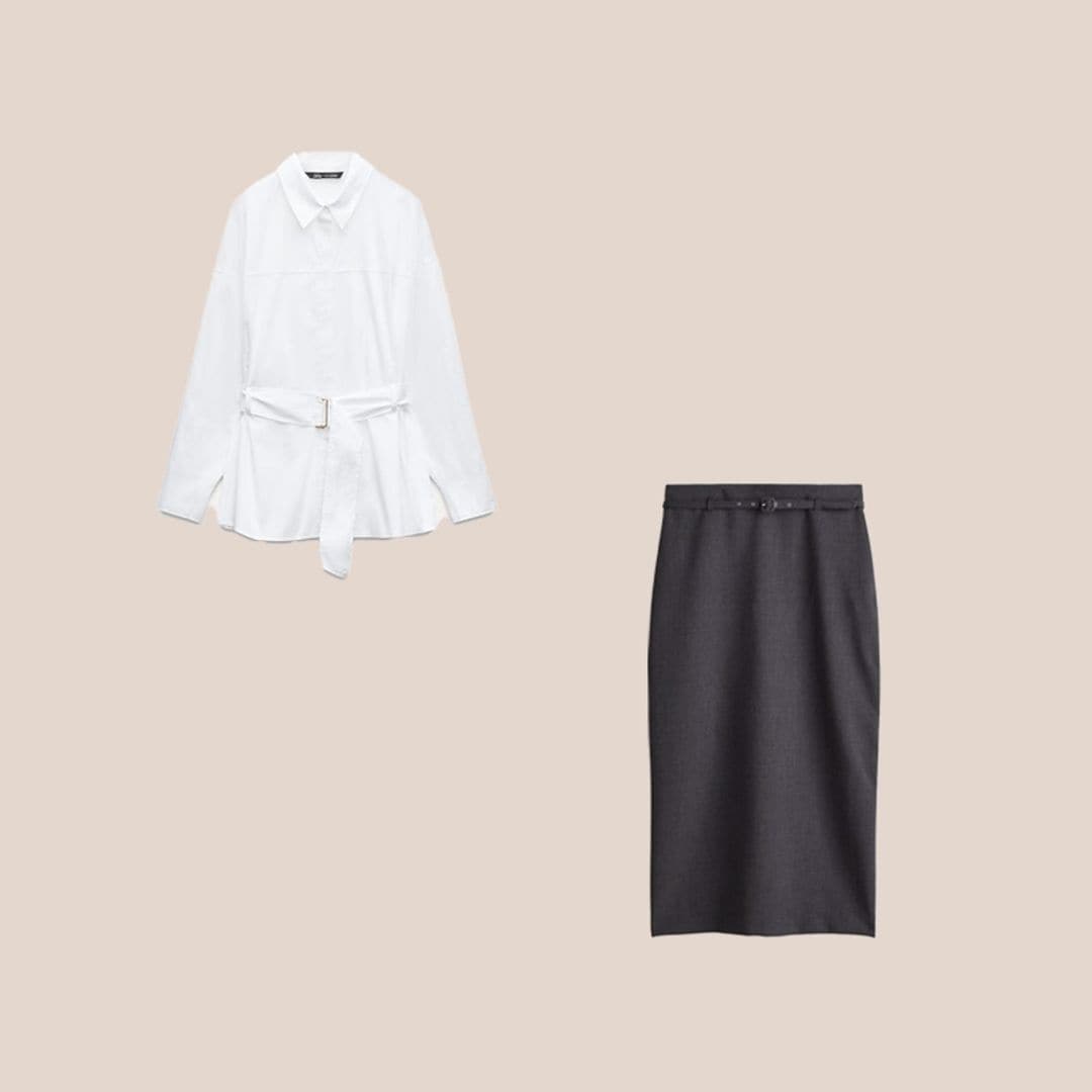 camisa blanca con cinturón y falda midi lapiz de tubo gris