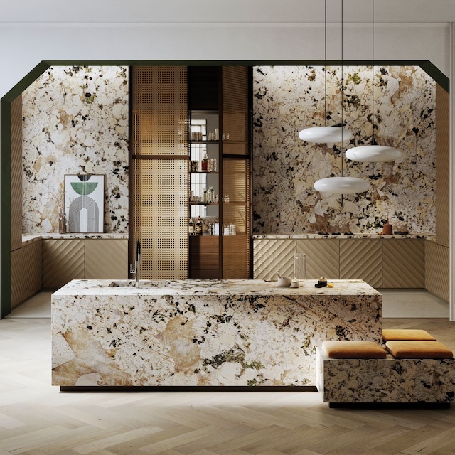 Encimera de cocina con isla XTONE y muebles dorados