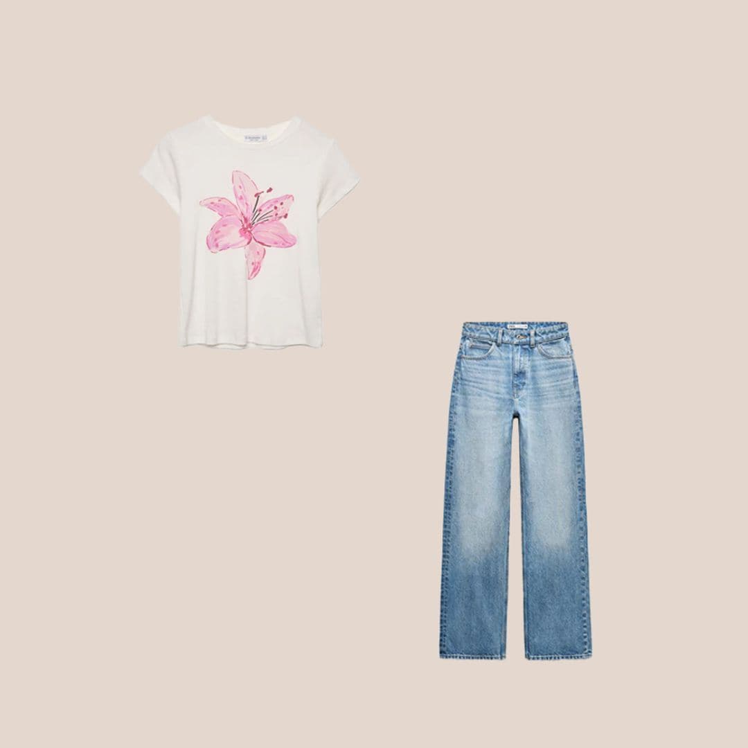 vaqueros rectos básicos y camiseta con flor rosa