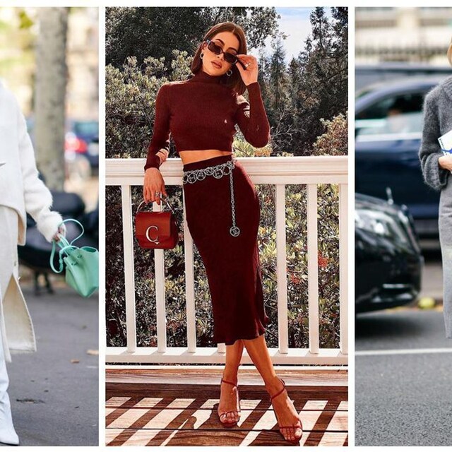 collage de tres looks completos de prendas de punto en color blanco burgundy y gris