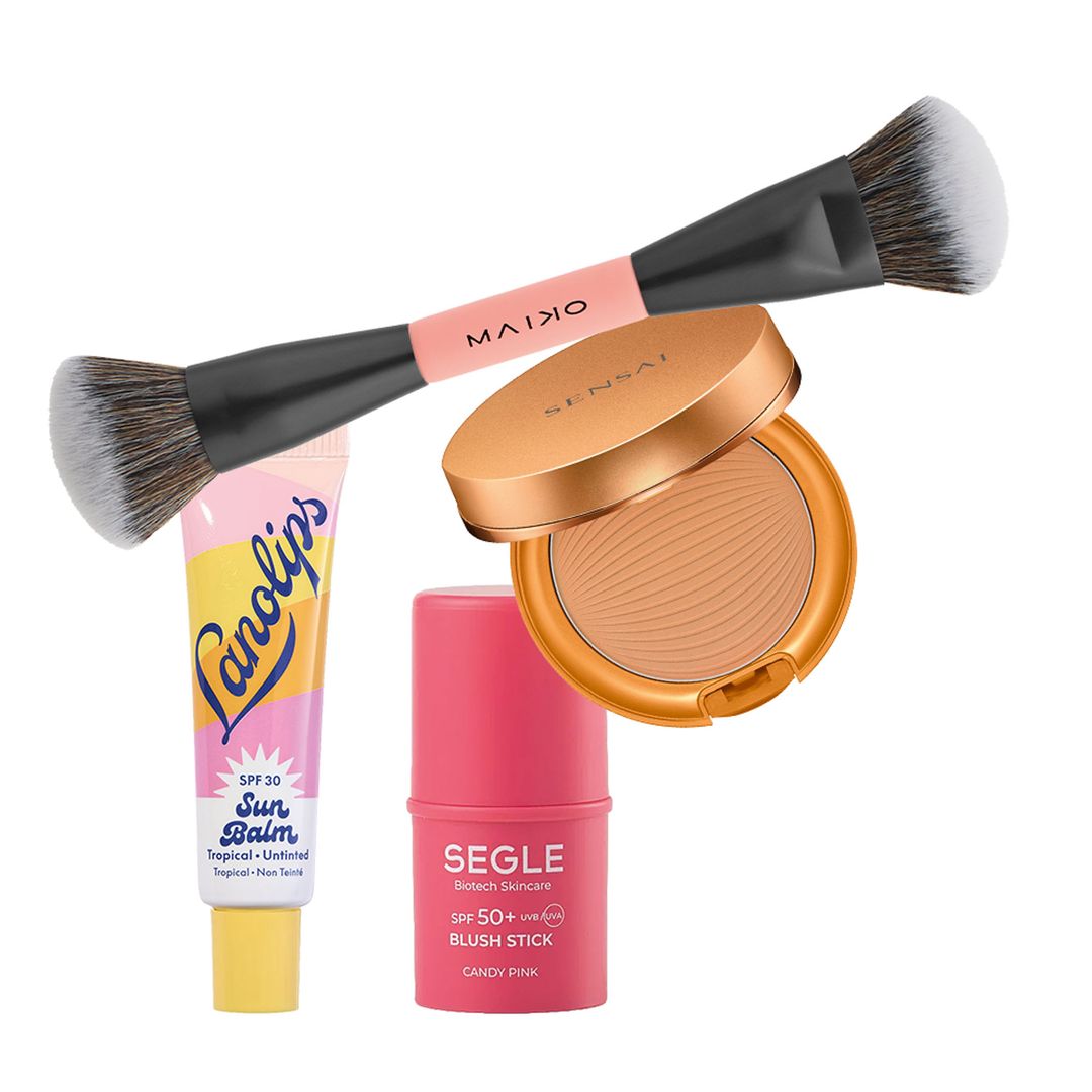 1. Labial:
Sun Balm
SPF 30, (15 €),
de Lanolips.
2. Brocha:
Duo Twist
(13 €),
de Maiko.
3. Polvos
de sol: Natural Veil Compact SPF 20 (70 €), de Sensai.
4. Colorete: Blush stick SPF 50+ (15,90 €), de Segle