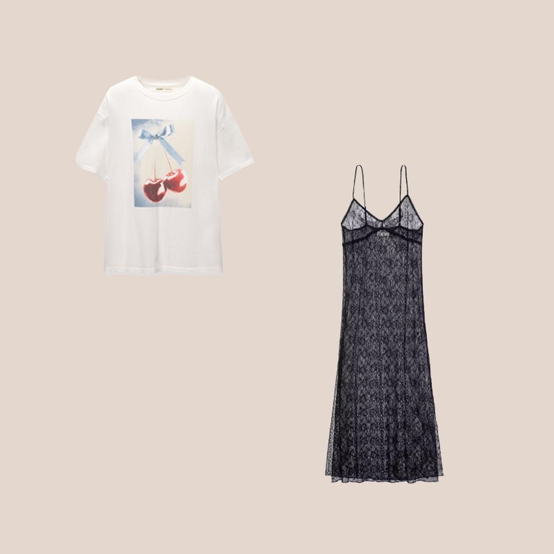 vestido negro largo de encaje y camiseta de cerezas