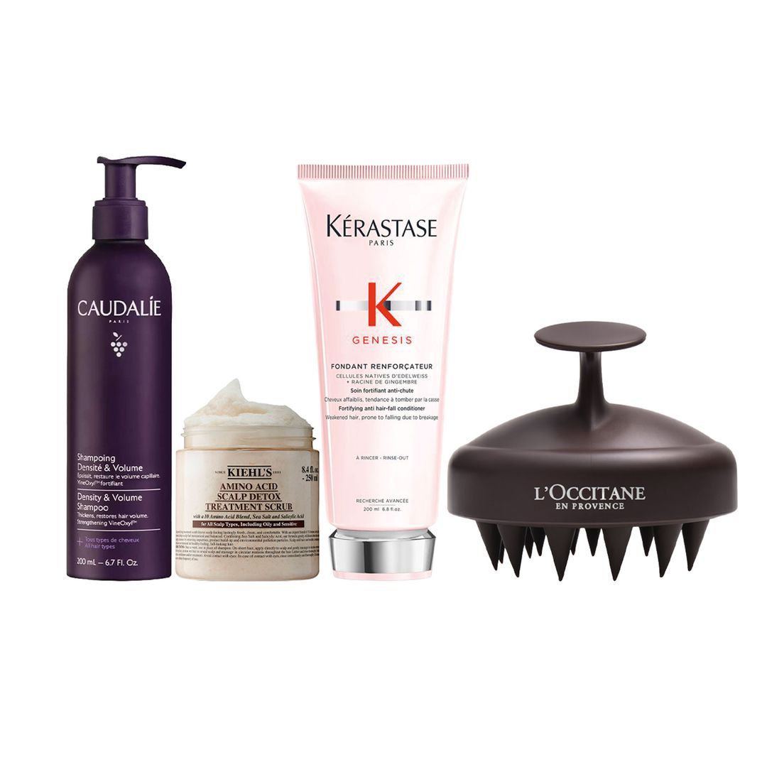 Lavado densificante: Champú Densidad & Volumen (17,90 €), de Caudalie. Exfoliante desintoxicante: Amino Acid Scalp Detox Treatment Scrub (55 €),
de Kiehl’s. Acondicionador fortificante: Genesis Fondant Reinforçateur (43,70 €), de Kérastase. Masajeador estimulante: Brosse Massante Cuir Chevelu (18 €), de L’Occitane en Provence