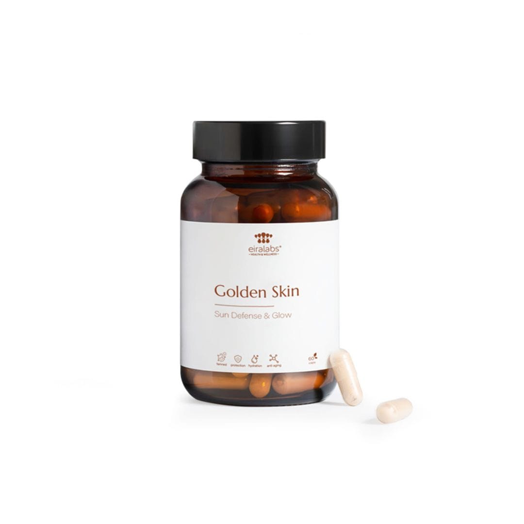 Golden Skin, de Eiralabs (45 euros). "Melatine®, un hidrolizado de queratina rico en melanina, acelera el bronceado hasta 4 veces más rápido sin necesidad de betacarotenos. Nutroxsun®, con extractos de pomelo y romero, combate el estrés oxidativo y el fotoenvejecimiento, mientras que Puredia SeaBerry® aporta omegas y antioxidantes para una piel más hidratada y luminosa", revela Claudia Popa, fundadora de la marca, sobre su último lanzamiento. 