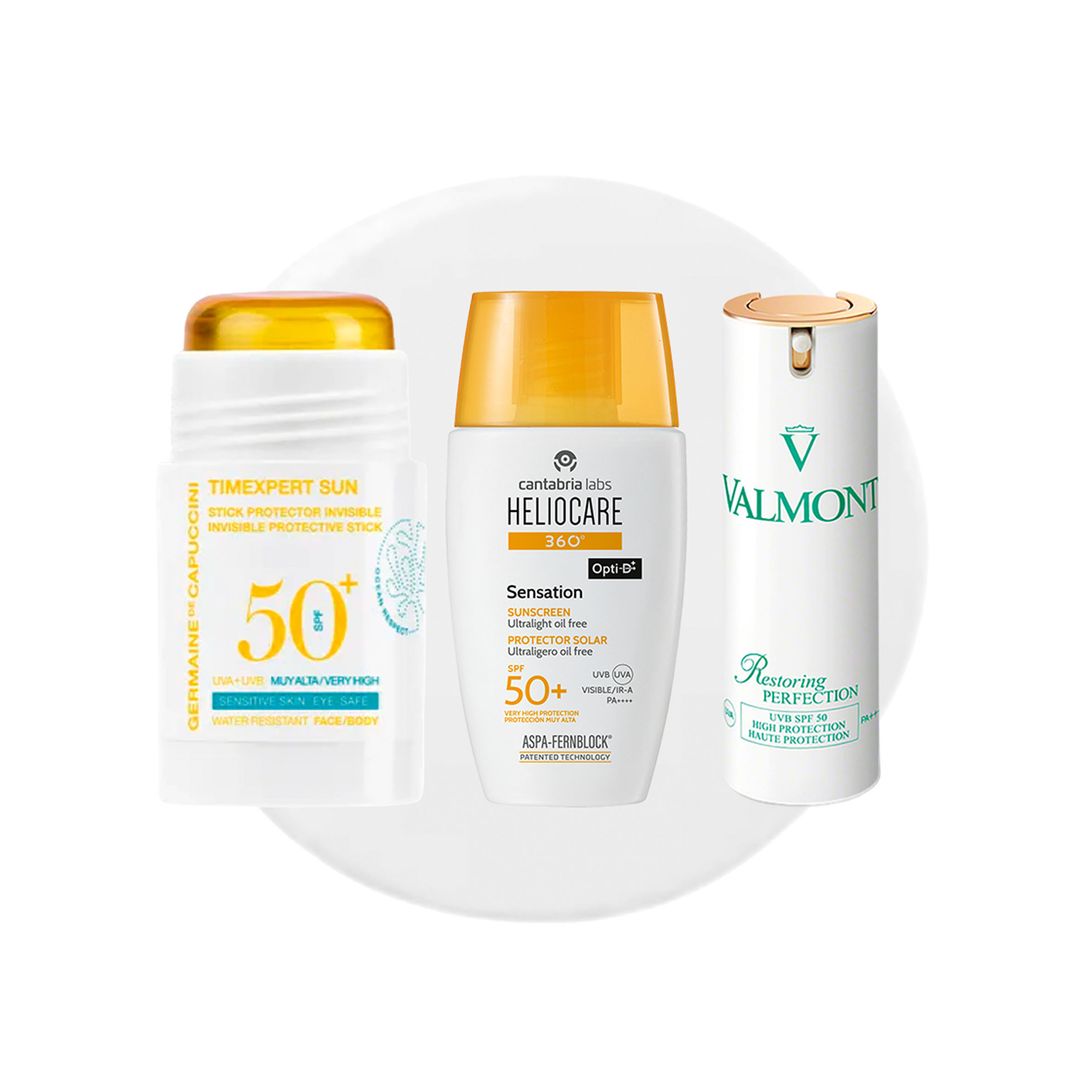 1. En barra: Timexpert Sun Stick Protector Invisible SPF 50+ (36,45 €), de Germaine de Capuccini. 2. Oil free: Heliocare 360º Sensation
SPF50+ (25,95 €), de Cantabria Labs. 3. Efecto 'piel perfecta': Restoring Perfection UVB SPF 50 (239 €), de Valmont