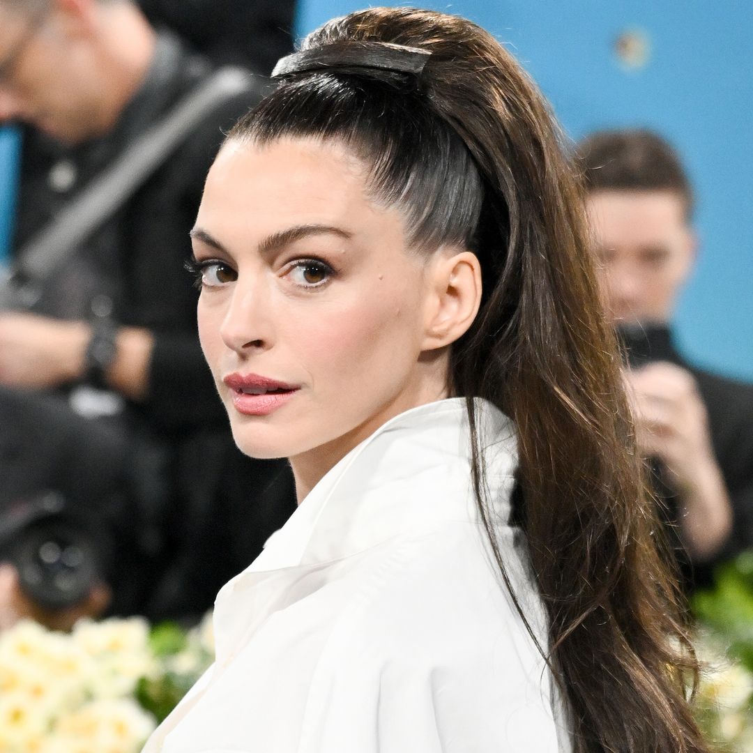 Anne Hathaway attends the 2025 Met Gala Celebrating "Superfine: Tailoring Black Style" at Metropolitan Museum of Art on May 05, 2025 in New York City