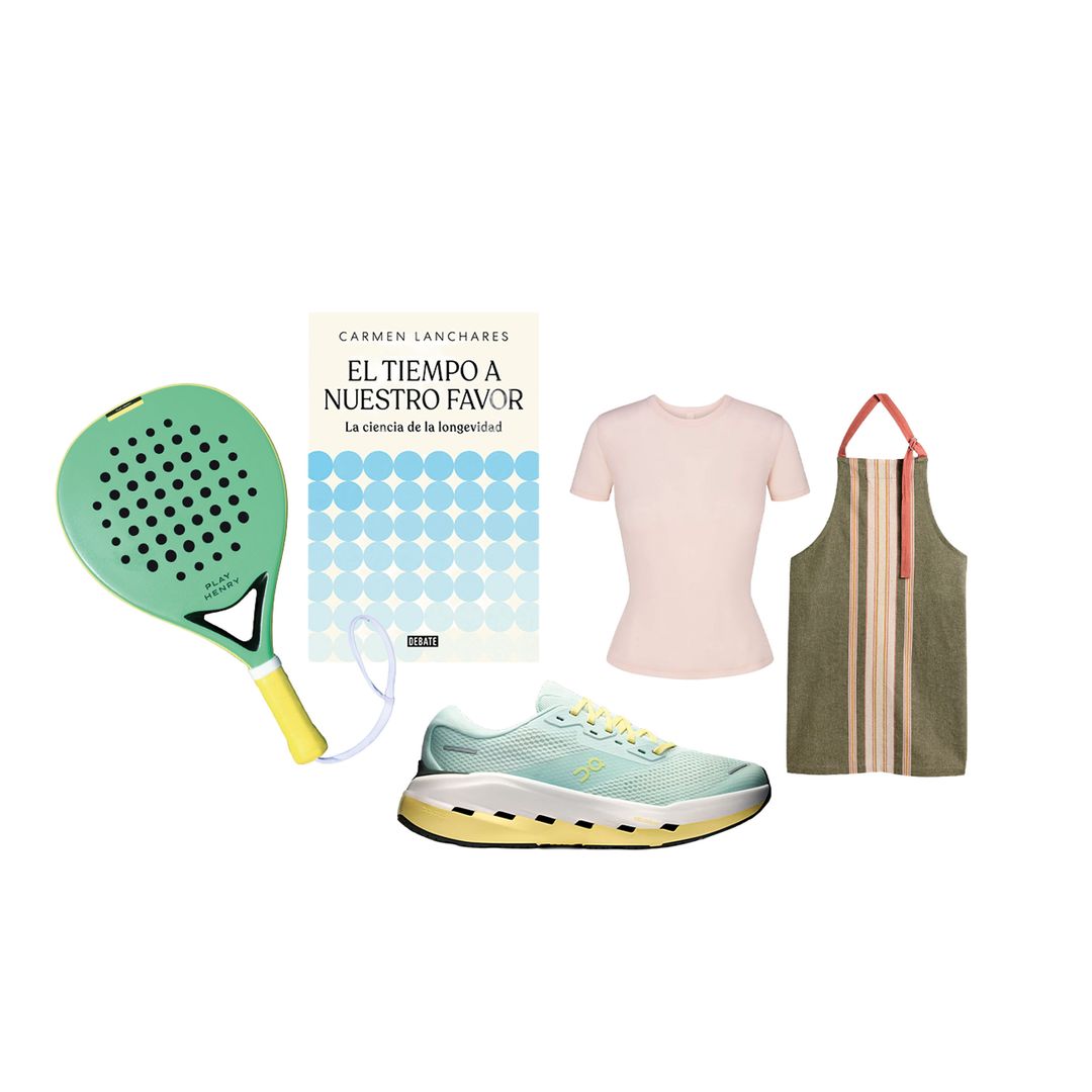 1. RAQUETA de pádel Seaview (150 €), de Play Henry. 2. LIBRO El tiempo a nuestro favor (19,90 €, ed. Debate). 3. CAMISETA de talle largo (82 €), de Skims. 4. zapatillas de running Cloudrunner 3 Max (190 €), de On. 4. DELANTAL de lino (19,95 €), de El Corte Inglés