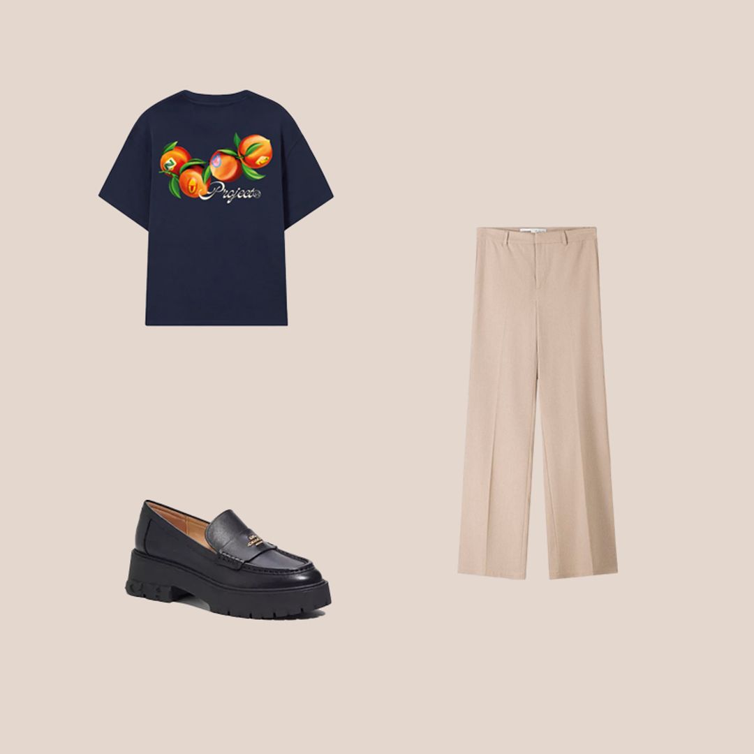 pantalon de pinzas beige, camiseta con frutas azul marino y mocasines con plataforma