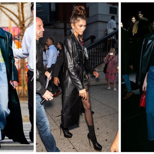 collage de dua lipa zendaya y alessandra de osma con sobretodos de cuero negro